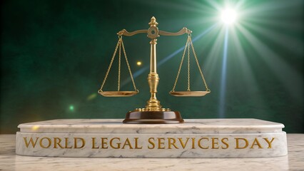 Legal Services Day, Luxurious golden justice scales displayed on polished marble in elegant setting.