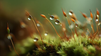 Delicate moss and dew drops, macro photography, serene forest floor, natural beauty, peaceful morning light