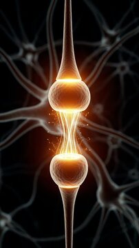 3D illustration of a glowing neural synapse transmitting electrical signals between neurons in the human brain, representing nerve communication, neuroscience, neural network connection