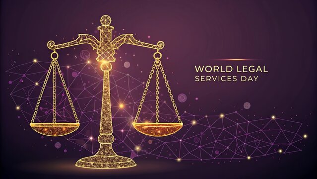 Legal Services Day, Abstract artistic interpretation of justice featuring symbolic legal elements in dynamic composition.