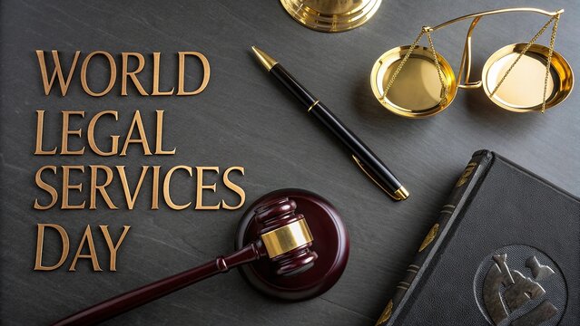Legal Services Day, Flat lay arrangement of essential legal tools on matte black desk surface.
