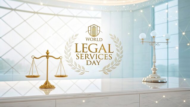 Legal Services Day, Artistic abstract composition using bright symbolic justice themes and shapes.