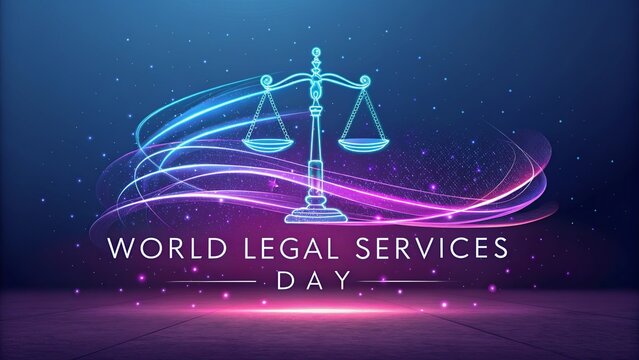 Legal Services Day, Artistic glowing justice symbol created with vibrant interconnected legal motifs.