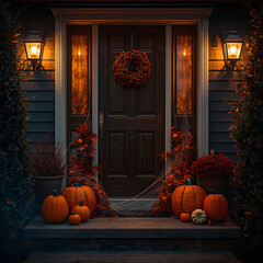 Spooky autumn front door decorated with pumpkins and cobwebs, illuminated by lanterns at night.