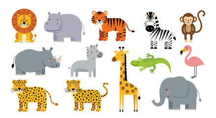 Naklejka premium A cheerful collection of cute cartoon safari animals, featuring lions, giraffes, zebras, elephants, and other wild creatures.