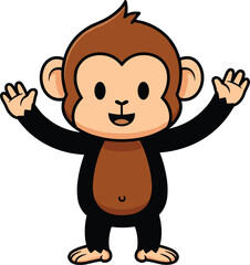 Cheerful cartoon monkey standing upright with raised arms and smiling face, playful character for kids content and educational materials