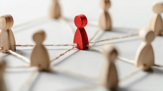 Red figure connecting in a network of people.