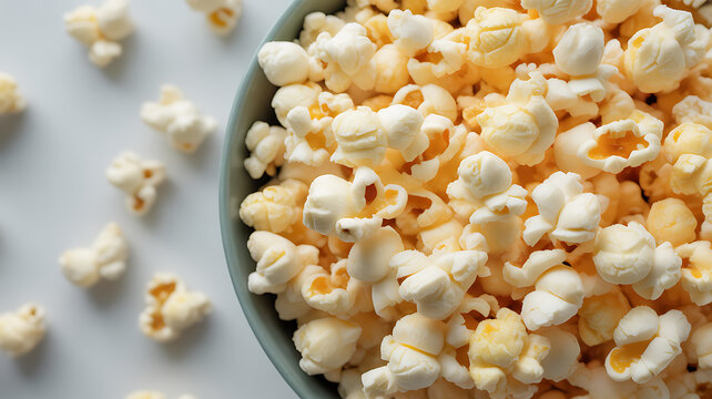 Close-up of popcorn in a bowl with scattered kernels on a light surface - Powered by Adobe