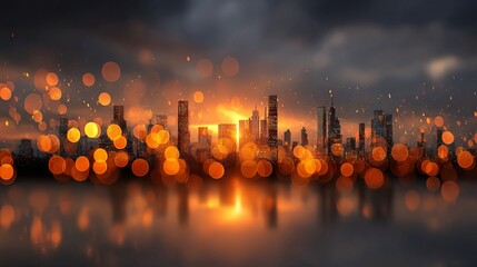 Warm sunset city skyline with glowing orange bokeh lights vibrant urban evening silhouette atmospheric golden hour background for posters web banners social media headers travel and lifestyle design