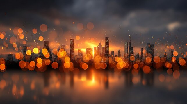 Warm sunset city skyline with glowing orange bokeh lights vibrant urban evening silhouette atmospheric golden hour background for posters web banners social media headers travel and lifestyle design - Powered by Adobe
