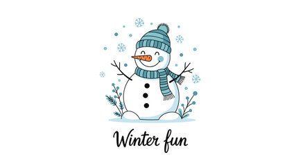 Naklejka premium A cheerful hand-drawn snowman with a carrot nose, branches for arms, and button details, adorned in a striped blue hat and scarf, celebrating winter fun.