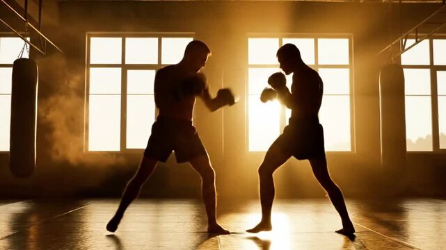 Sparring session silhouette against morning window light.