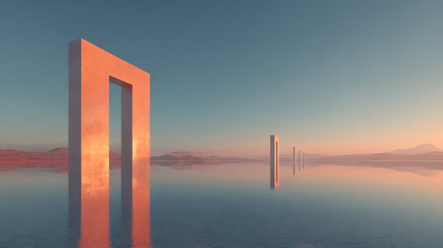 Minimalist desert landscape with geometric portals reflecting a serene sunrise, abstract and calming.