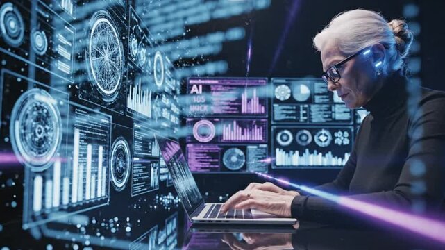 Senior woman analyzing holographic data interface with laptop