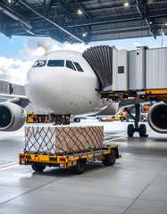 Cargo Transporting to a White Airplane in a Hangar