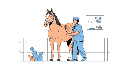 A veterinarian uses a stethoscope to examine a horse, conducting a health check-up in an equine stable.