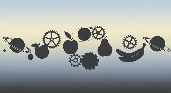Abstract illustration of planets, fruits, and gears in silhouette against a gradient sky.