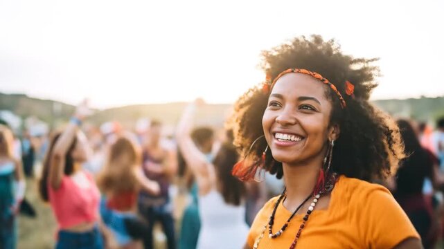 Joyful Woman Dancing at Outdoor Music Festival with Friends.