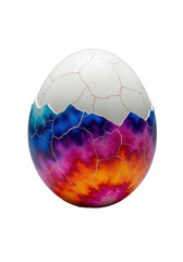 Fototapeta premium Freshly cracked Easter egg, vibrant multicolored shell, spiderweb cracks, white interior, on transparent, dramatic light, delicate beauty concept