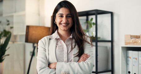 Arms crossed, portrait and business woman in office for about us, professional lawyer and...