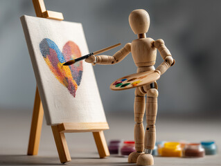 Wooden mannequin painting colorful heart on blank canvas, symbolizing emotional renewal, mindfulness, and expressing positivity through art and creativity.