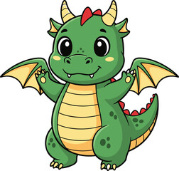 Cute cartoon green dragon with yellow wings and red spikes, friendly mythical character for kids content and educational themes