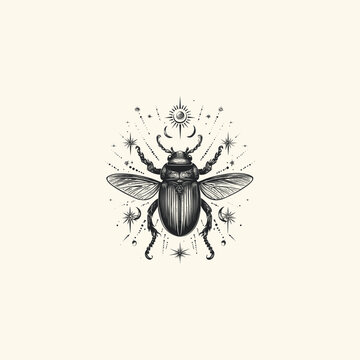 Vintage engraving style illustration of a mystical beetle surrounded by celestial stars and crescent moon symbols