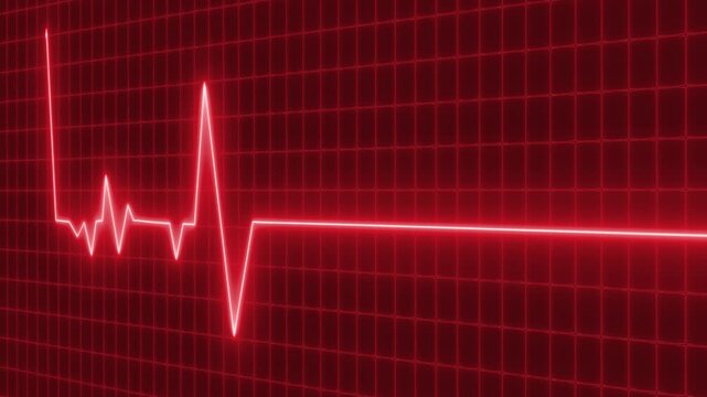 Digital heartbeat monitor showing a flatline with a brief spike animation