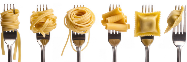 Various pasta shapes on forks isolated on a transparent background