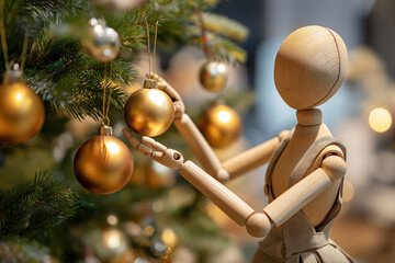 Wooden mannequin placing golden ornaments on Christmas tree branches, representing celebration and warmth 