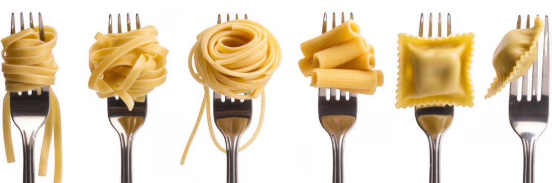Various pasta shapes on forks isolated on a transparent background