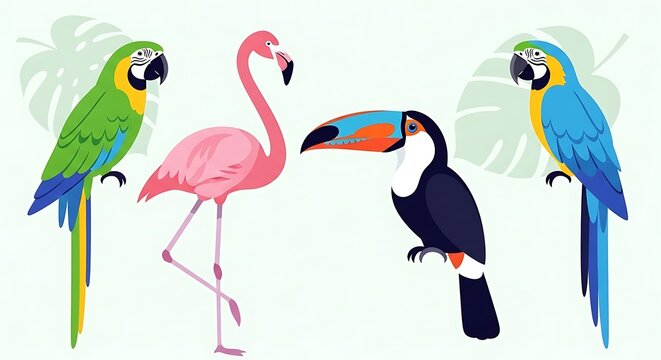 Colorful Tropical Birds Flamingo Toucan Macaw Parrot Exotic Wildlife Illustration. - Powered by Adobe