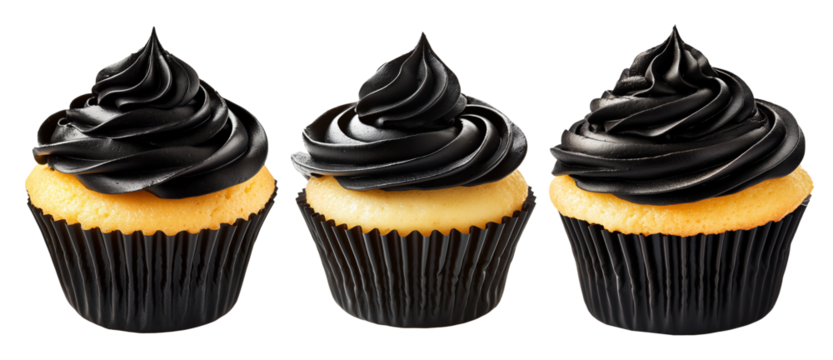Cupcake with rich glossy black chocolate frosting and black wrapper, isolated on white transparent background