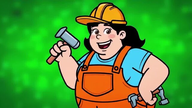 Cartoon female construction worker holding tools on a green background, suitable for children's educational content