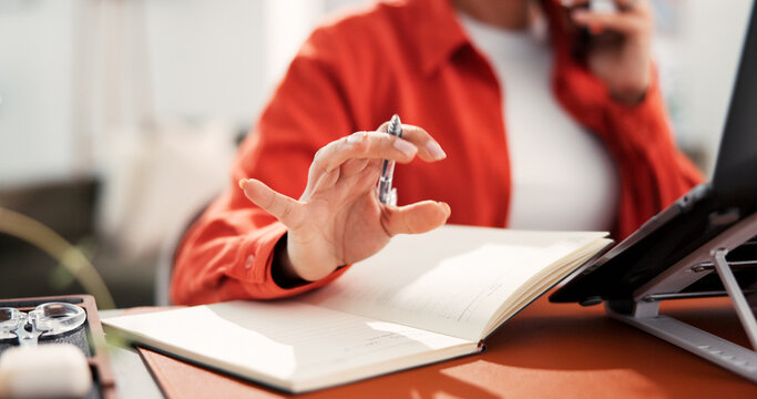 Notebook, remote work and hand of woman in home office for virtual assistant, schedule reminder and contact. Agenda, online administrator and appointment planner with person in house for consulting - Powered by Adobe