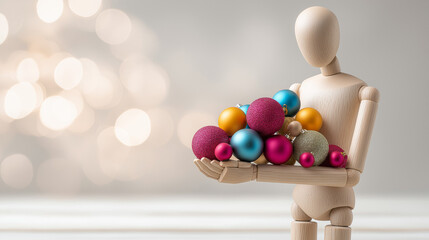 Wooden mannequin presenting colorful Christmas ornaments, emphasizing festive emotion, creativity, and gift-giving spirit, captured in a clean bright scene with perfect lighting and white background. 