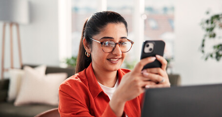 Phone, reading and smile with woman in home office for social media manager, contact and freelancer. Remote worker, communication and branding entrepreneur with person in house for research and app