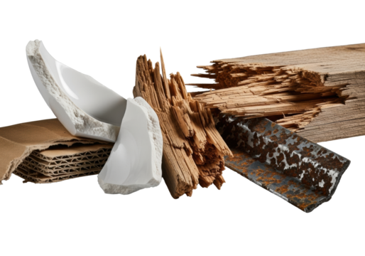 Photorealistic macro close-up still life of deconstructed construction debris: fractured white ceramic, splintered wood, crumpled cardboard, rusted metal, with raking light on gray. Concept of