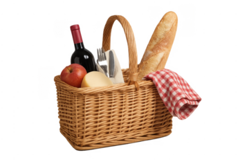 Picnic basket filled with food and wine on transparent background