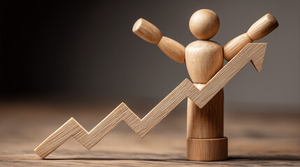 Wooden mannequin presenting upward graph, symbolizing productivity, motivation, and consistent effort leading to financial growth and professional achievement. 
