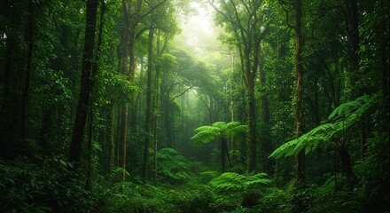 Fototapeta premium Immersive view of a vibrant, dense rainforest canopy, where sunlight pierces through layers of lush tropical foliage. A humid, untouched natural ecosystem ,pristine ,canopy ,earth