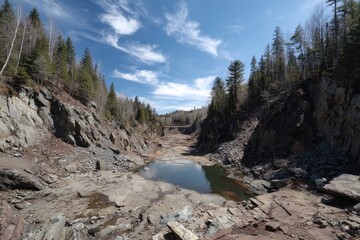Rocky quarry floor with puddle reflects blue sky, surrounded by rocky walls and trees