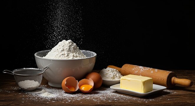 Ingredients are artfully arranged for baking, with flour sifting into a bowl, next to eggs, butter, and a rolling pin on a rustic kitchen surface ,bread ,blend ,delicious