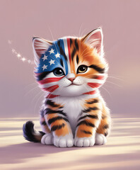 An adorable 3D cartoon kitten sitting down, its fur uniquely patterned as a calico tabby mixed with the American flag. Perfect for the 4th of July, Independence Day, or other national holiday themes.