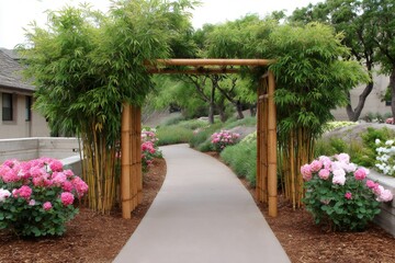 Garden pathway with bamboo arch and blooming hydrangeas