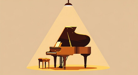 Elegant Grand Piano with Stool Under Spotlight on Stage. Minimalist Flat Illustration for Music, Concerts, and Performance.
