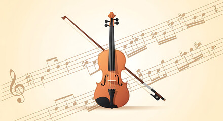 Fototapeta premium Classical Violin and Bow Illustration with Musical Notes Background