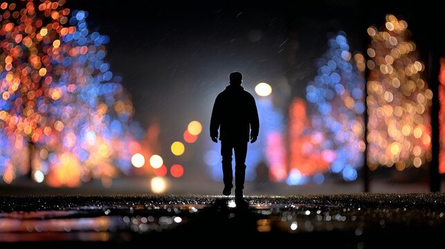 Silhouette of person walking through Christmas lights in a park on a winter evening with colorful bokeh festive night atmosphere glowing string lights wet pathway reflections moody urban background