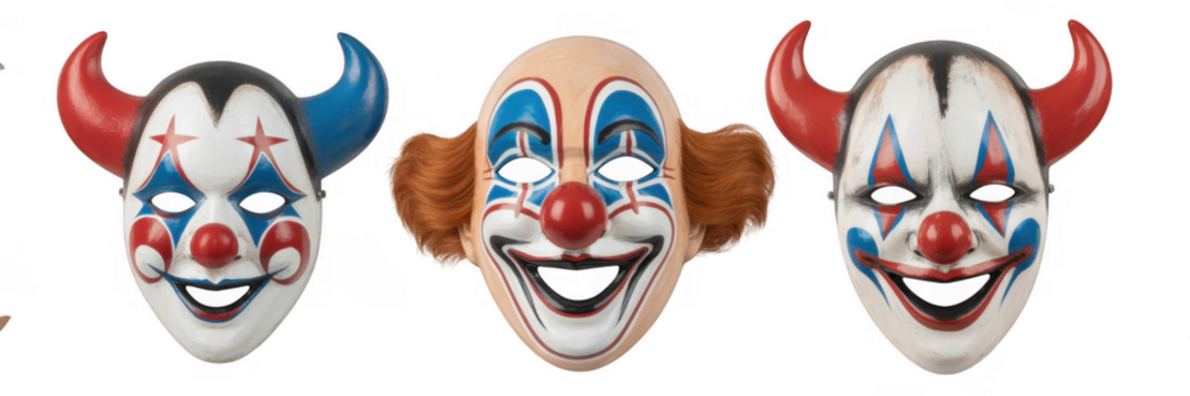 Three grinning clown masks isolated on a transparent background