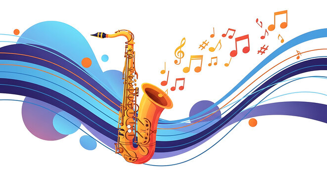 Vibrant Saxophone with Flowing Musical Notes and Abstract Waves on White Background